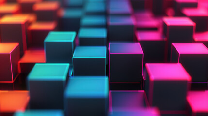 Poster - A vibrant and colorful   of glowing cubes in a futuristic, digital landscape, illustrating modern technology and abstract design elements.