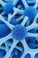 Poster - Close-up of blue molecular structures interweaving, representing scientific and biological connections, perfect for educational and medical use.