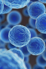 Poster - Close-up of blue cells under a microscope. Detailed scientific image showcasing cell structure and scientific research.