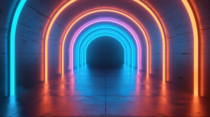 Futuristic neon-lit tunnel with colorful arched lights creating vibrant, modern ambiance. Illuminated pathways and abstract, glowing design.