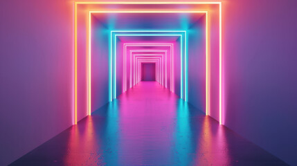 Poster - Vibrant neon light tunnel with glowing colors in a futuristic corridor, featuring purple, pink, and blue hues, creating a modern and dynamic visual effect.