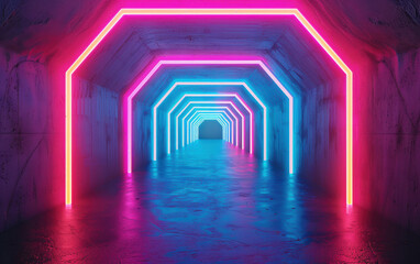Poster - Futuristic neon-lit tunnel with vibrant pink and blue lights creating an abstract, glowing corridor, perfect for modern, sci-fi, and tech-themed designs.