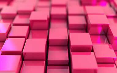 Poster - Abstract   of geometric, pink, reflective cubes. Modern design concept with square shapes, suitable for backgrounds and presentations.