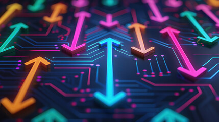 Poster - Abstract neon arrows on a circuit board symbolizing technology and digital communication. Bright and colorful, representing futuristic concepts.