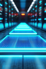 Poster - Futuristic server room with glowing blue lights and advanced technology, showcasing powerful data center infrastructure.