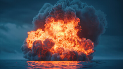 Poster - A stunning image capturing a powerful explosion over water, with bright flames and dark smoke billowing into the sky, creating a dramatic and intense scene.