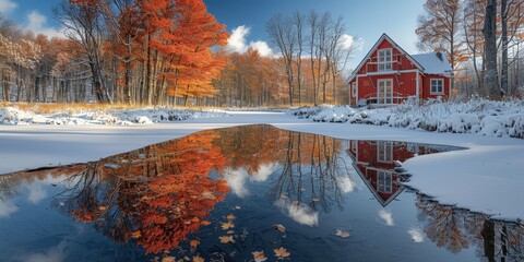 Sticker - Red Cabin Reflection in Winter Wonderland