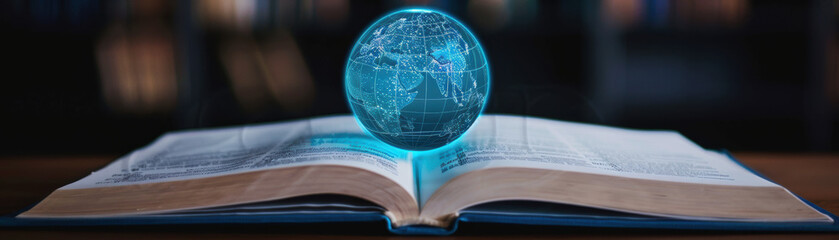 Poster - Open book with a digital hologram of the Earth, symbolizing global knowledge, technology, and education intersecting in a modern library.