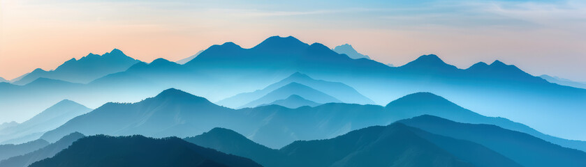 Poster - Majestic mountain range at sunrise with layers of blue hills and a clear sky, creating a serene and tranquil natural landscape.