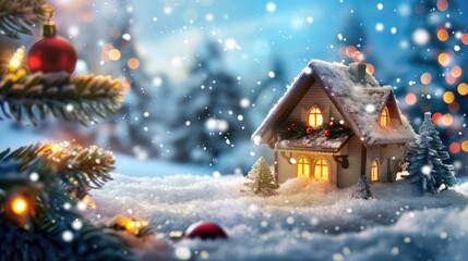 Sticker - Festive holiday decoration with focused snow covered house for Christmas and New Year