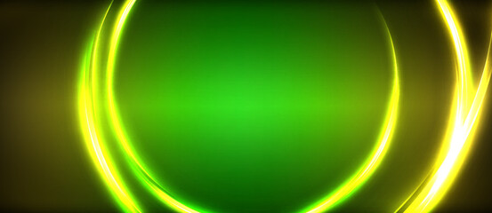 Wall Mural - Neon glowing circle rays, light round lines in the dark, planet style neon wave lines. Energetic electric concept design for wallpaper, banner, background