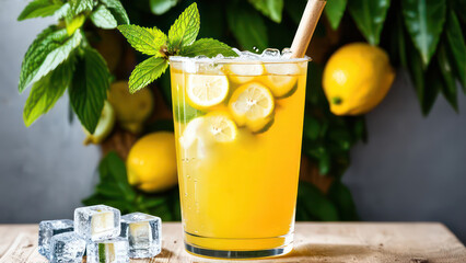 large glass fulled with orange, lemon, strawberry juice, vissible ice cubes, background orange tree 