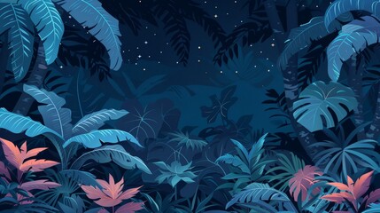 Scene depicts a lush tropical forest at night, surrounded by a clear starry sky center. The leaves are illuminated by a cool blue light.