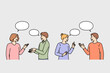 © Dzianis Vasilyeu - People discussion interesting questions, talking and sharing thoughts, stand under dialogue bubbles. Discussion of men and women exchanging information and experiences during professional conference