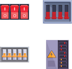 Poster - Switchboard panel icons set cartoon vector. Electric breaker switchbox. Electricity equipment