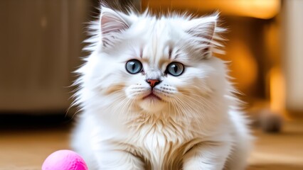 very cute, soft and super fluffy white cat with blue eyes playing with soft pink ball