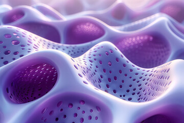 Poster - Minimalist representation of a smooth 3D surface with circular perforations in calming pastel shades,