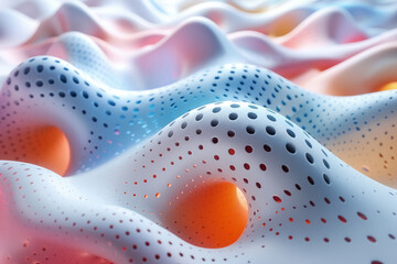 Poster - Minimalist representation of a smooth 3D surface with circular perforations in calming pastel shades,