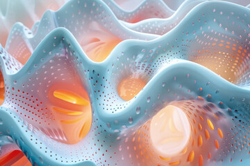 Poster - Sleek design featuring an abstract composition of interconnected 3D shapes with pastel-colored perforations,