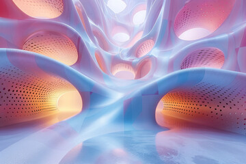 Poster - Minimalist scene of a 3D geometric structure with a delicate perforated pattern in soothing pastel shades,