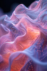 Poster - Clean depiction of a dynamic 3D wave-like form featuring pastel pink and lavender perforations,