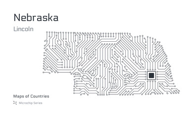 Wall Mural - Nebraska Map with a capital of Lincoln Shown in a Microchip Pattern. E-government. United States vector maps. Microchip Series	