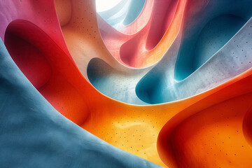 Poster - Minimalist aesthetic of a layered abstract form with pastel-colored perforations, creating a sense of depth,