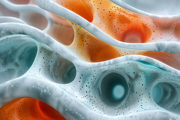 Poster - Minimalist aesthetic of a layered abstract form with pastel-colored perforations, creating a sense of depth,