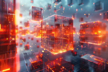 Poster - Clean depiction of a dynamic environment featuring floating 3D tiles with radiant edges in a futuristic setting,
