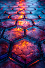 Poster - Elegant scene of interlocking 3D tiles with glowing patterns, casting colorful reflections on the surface,