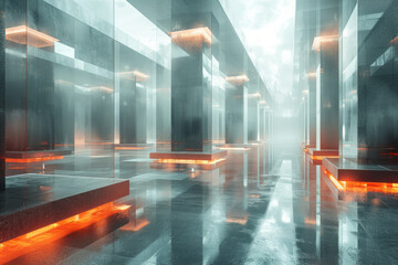 Poster - Clean depiction of a dynamic environment featuring floating 3D tiles with radiant edges in a futuristic setting,
