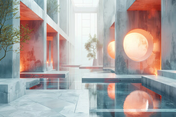 Poster - Clean depiction of a dynamic environment featuring floating 3D tiles with radiant edges in a futuristic setting,