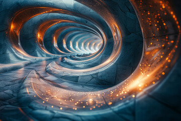 Poster - Clean and modern image of a spiraling structure made of glowing tiles, creating a mesmerizing visual effect,