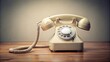 © Caitlin - Retro-style rotary dial telephone with a spiral cord and a sleek base sits isolated on a wooden table against a soft, creamy background.