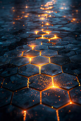 Wall Mural - Minimalist scene of an intricate pattern formed by interspersed glowing 3D tiles on a dark floor,