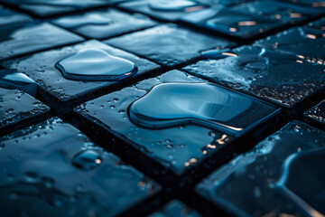 Poster - Clean image of a water surface reflecting glowing 3D tiles above, creating a harmonious visual balance,