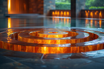 Poster - Minimalist scene of a circular arrangement of glowing tiles, radiating light in a serene environment,