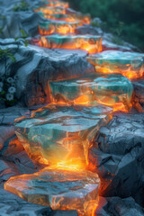 Poster - Elegant representation of a vibrant 3D landscape with tiles that emit soft glows, enhancing the atmosphere,