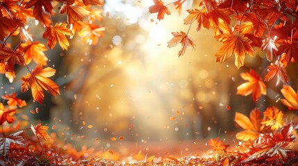 Wall Mural - Beautiful romantic alley in the park with colorful trees and sunlight. Autumn natural background. orange fall leaves in park, sunny autumn natural background