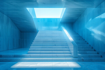Poster - Clean depiction of a staircase made of luminous 3D tiles, leading to an abstract, illuminated space,
