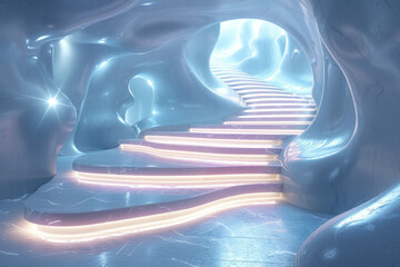 Poster - Clean depiction of a staircase made of luminous 3D tiles, leading to an abstract, illuminated space,