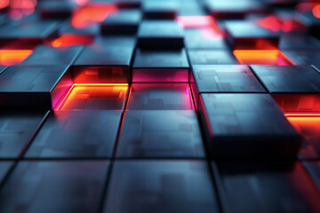 Poster - Clean image of a 3D tiled surface with pulsating lights that change color in a rhythmic pattern,