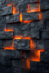 Poster - Minimalist aesthetic of a vertical wall of 3D tiles with dynamic glowing elements, creating a striking visual effect,