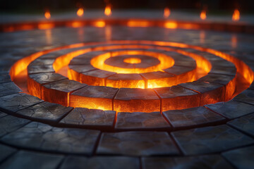 Poster - Minimalist scene of glowing tiles arranged in a circular formation, surrounded by an ethereal glow,