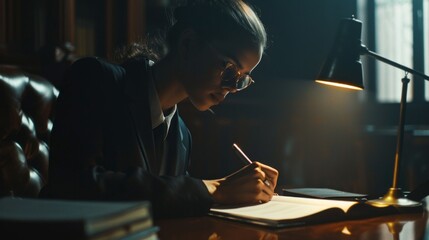 Wall Mural - A woman is writing on a piece of paper in a dimly lit room