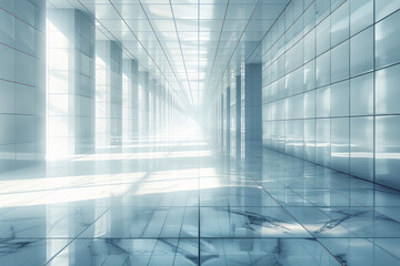 Poster - Minimalist aesthetic of a space filled with suspended glowing tiles, casting soft shadows and reflections,