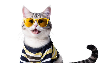 Cat kitty wear sunglasses with summer season outfit isolated on transparent background, PNG format, pets summer, holiday vacation  