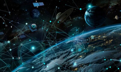 Wall Mural - global telecommunications network and cryptocurrency
