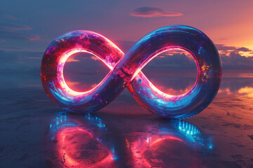Poster - Clean depiction of a smooth infinity symbol with a neon gradient, surrounded by soft ambient light,