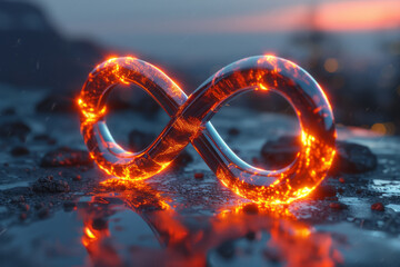 Poster - Minimalist aesthetic of a 3D infinity symbol with a pulsating neon glow, set against a subtle reflective surface,